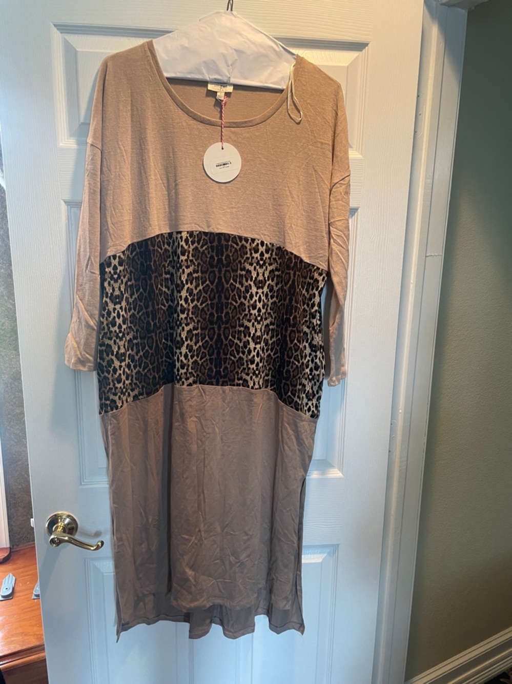 Umgee Beige Long Sleeve Dress with Leopard print panel - Picture 2 of 4